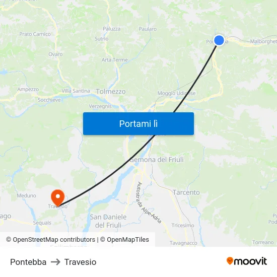 Pontebba to Travesio map
