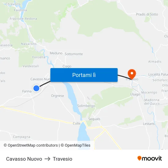 Cavasso Nuovo to Travesio map
