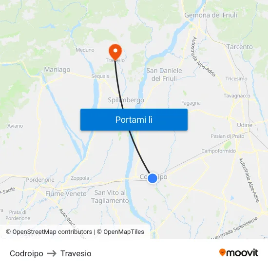 Codroipo to Travesio map