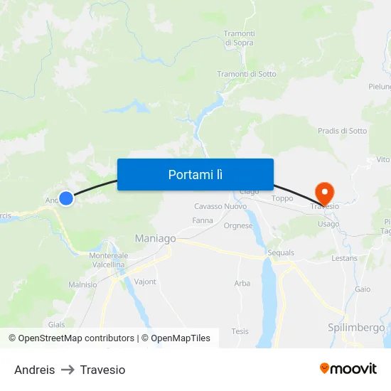 Andreis to Travesio map