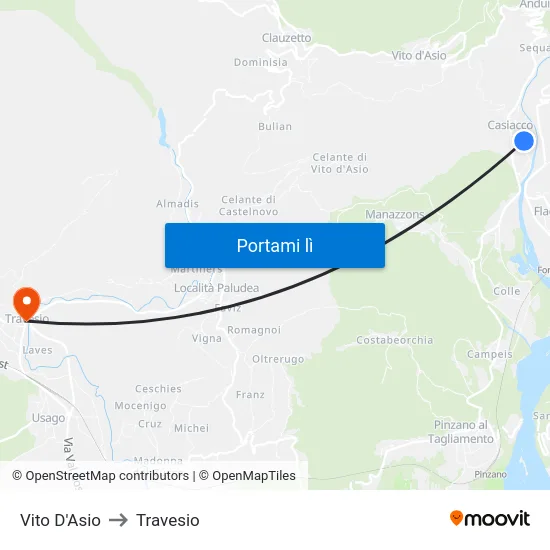 Vito D'Asio to Travesio map