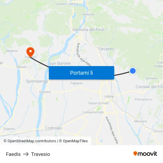 Faedis to Travesio map