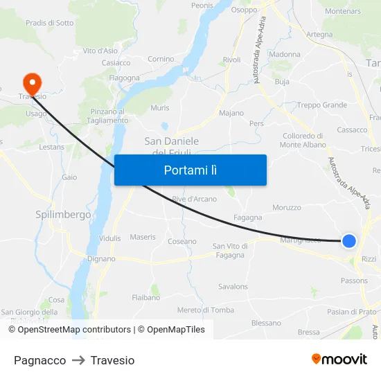 Pagnacco to Travesio map