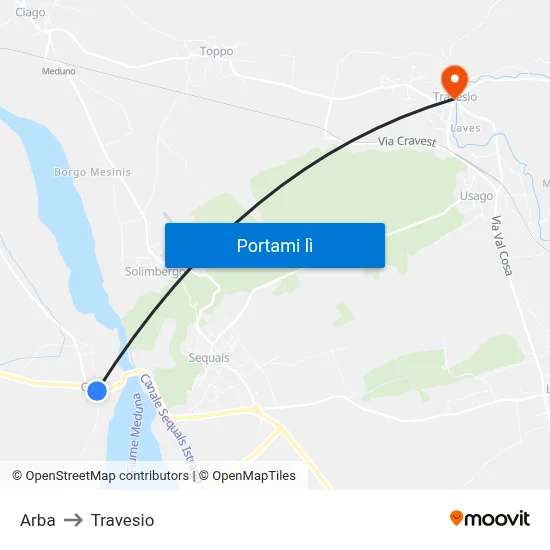 Arba to Travesio map