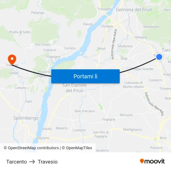 Tarcento to Travesio map