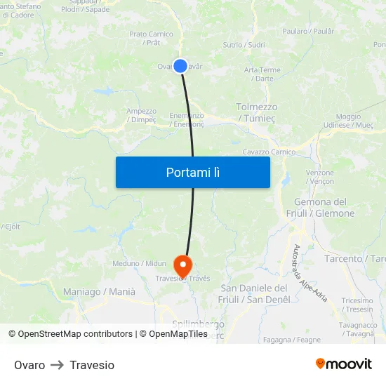 Ovaro to Travesio map