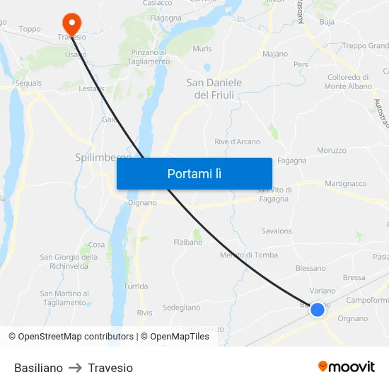 Basiliano to Travesio map
