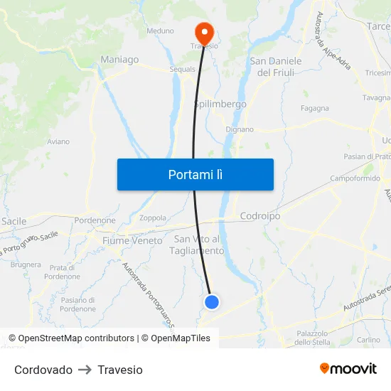 Cordovado to Travesio map
