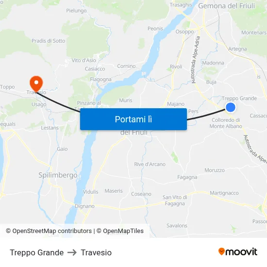 Treppo Grande to Travesio map