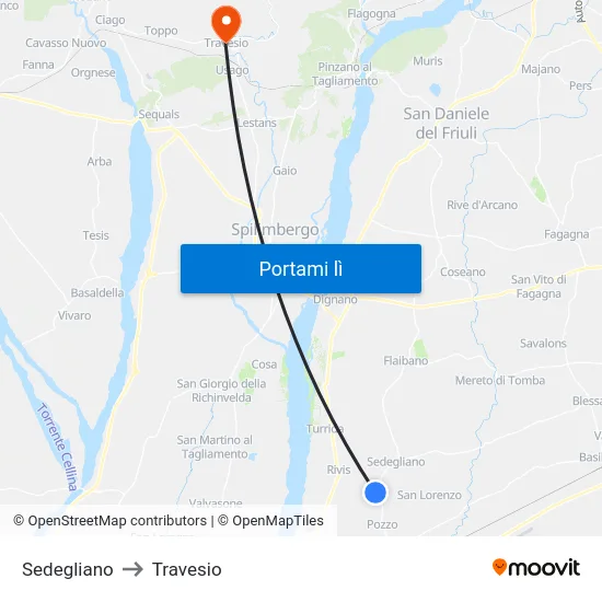 Sedegliano to Travesio map