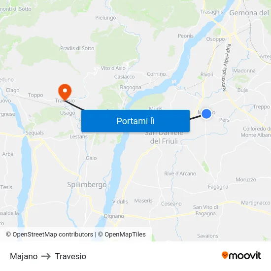 Majano to Travesio map