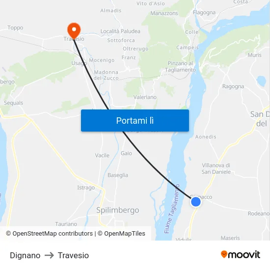Dignano to Travesio map