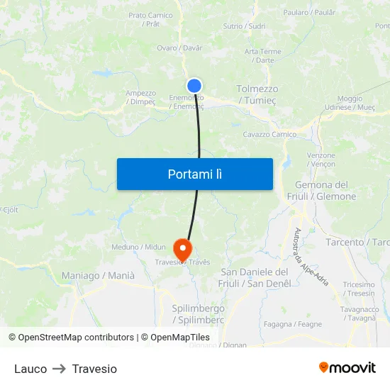 Lauco to Travesio map