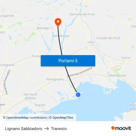 Lignano Sabbiadoro to Travesio map