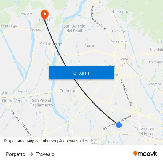 Porpetto to Travesio map