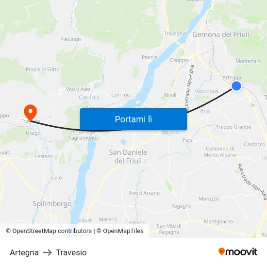 Artegna to Travesio map