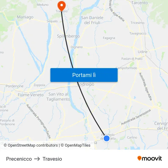 Precenicco to Travesio map