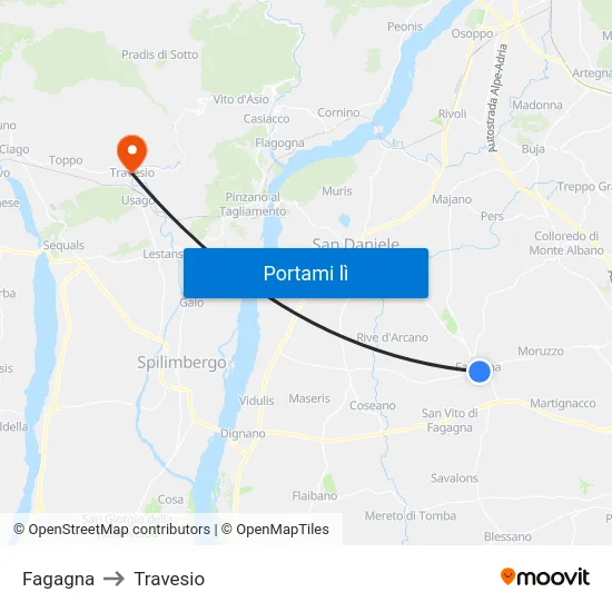 Fagagna to Travesio map