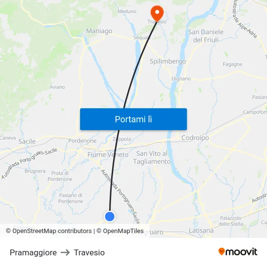 Pramaggiore to Travesio map