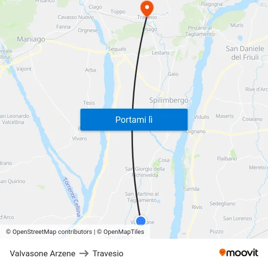 Valvasone Arzene to Travesio map