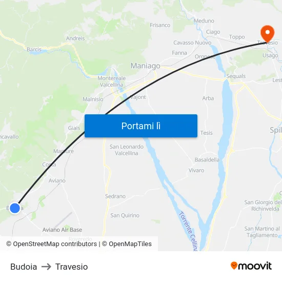 Budoia to Travesio map