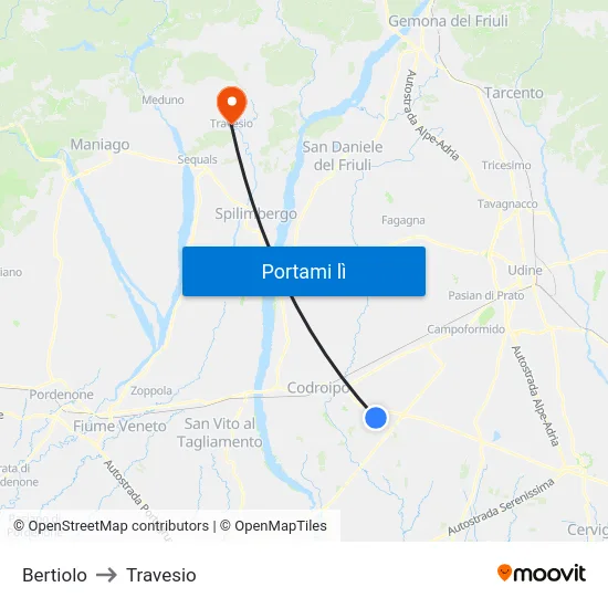 Bertiolo to Travesio map