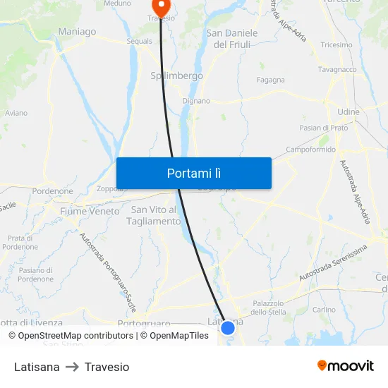 Latisana to Travesio map
