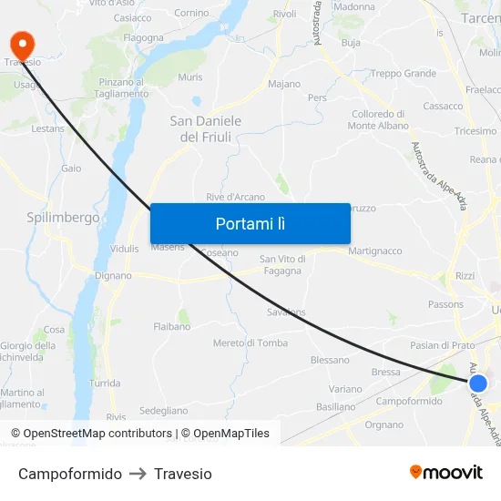 Campoformido to Travesio map