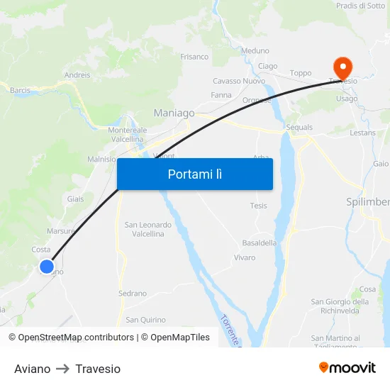 Aviano to Travesio map