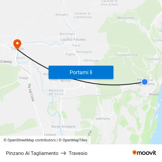 Pinzano Al Tagliamento to Travesio map