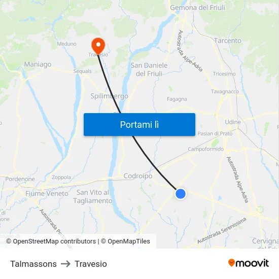 Talmassons to Travesio map