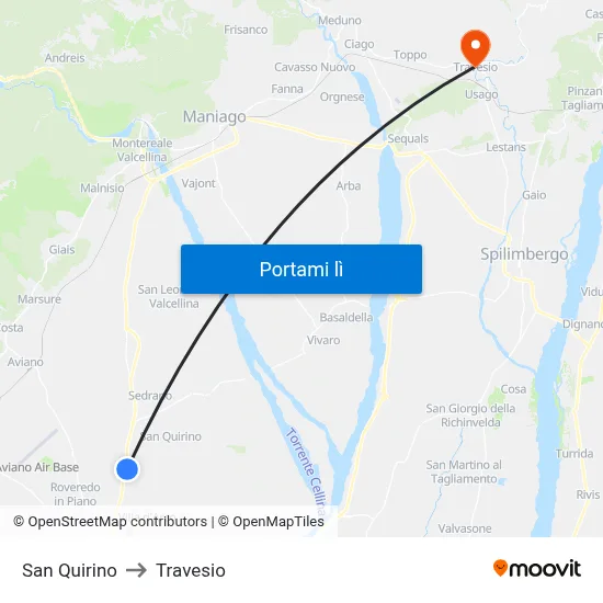 San Quirino to Travesio map