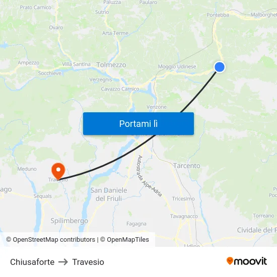 Chiusaforte to Travesio map
