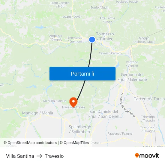 Villa Santina to Travesio map