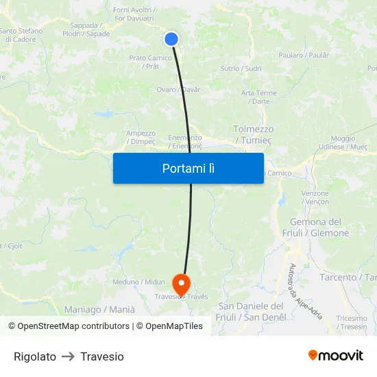 Rigolato to Travesio map