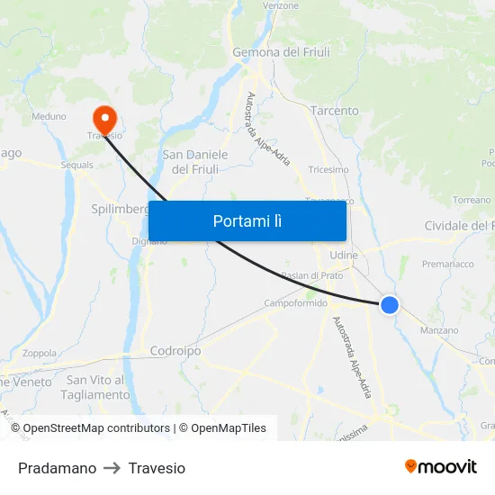 Pradamano to Travesio map