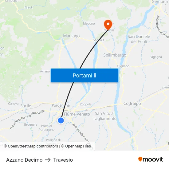 Azzano Decimo to Travesio map
