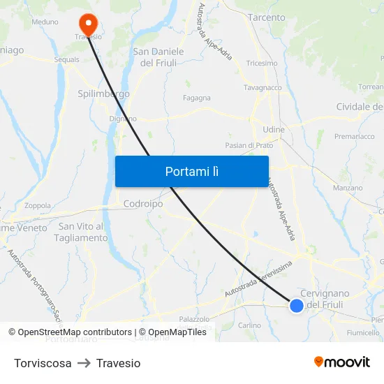 Torviscosa to Travesio map
