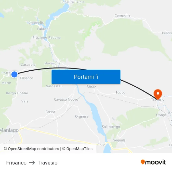 Frisanco to Travesio map