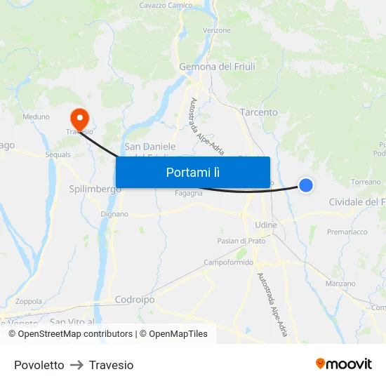 Povoletto to Travesio map