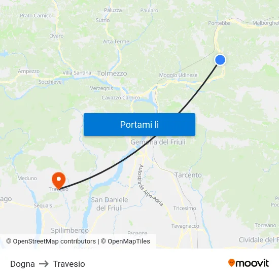 Dogna to Travesio map