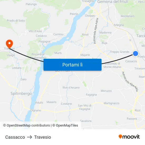 Cassacco to Travesio map
