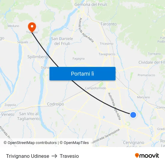 Trivignano Udinese to Travesio map