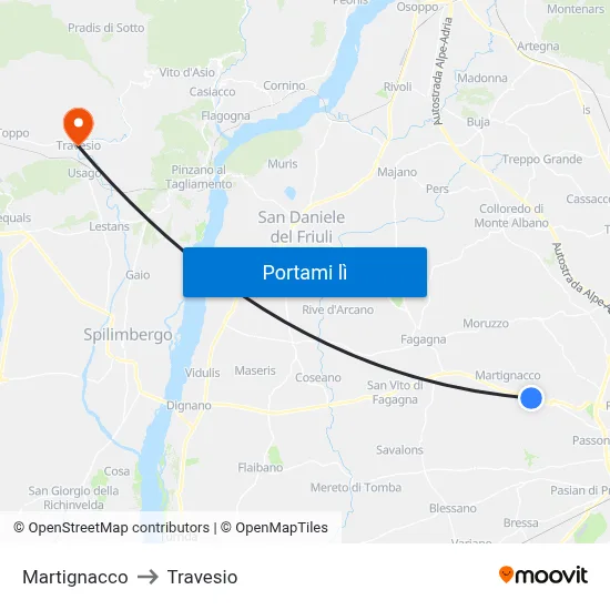 Martignacco to Travesio map