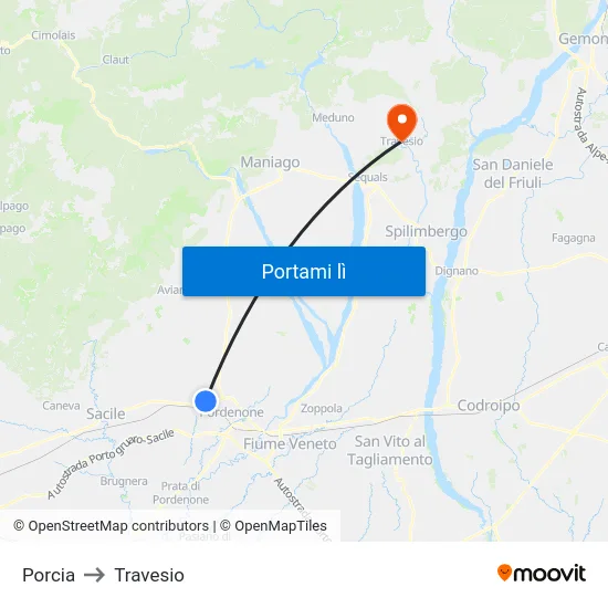 Porcia to Travesio map