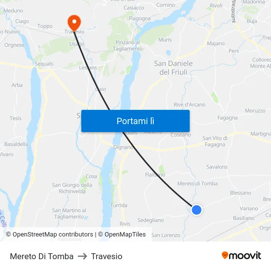 Mereto Di Tomba to Travesio map