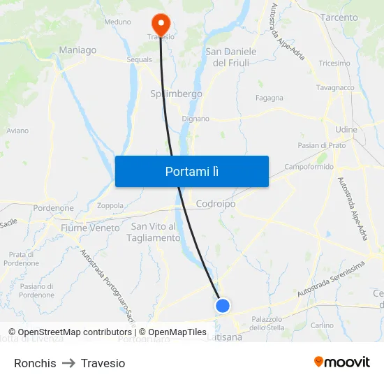 Ronchis to Travesio map
