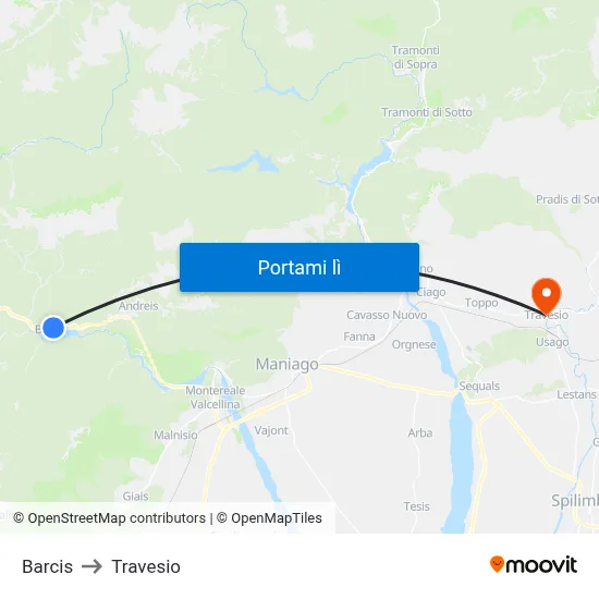 Barcis to Travesio map