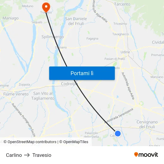 Carlino to Travesio map