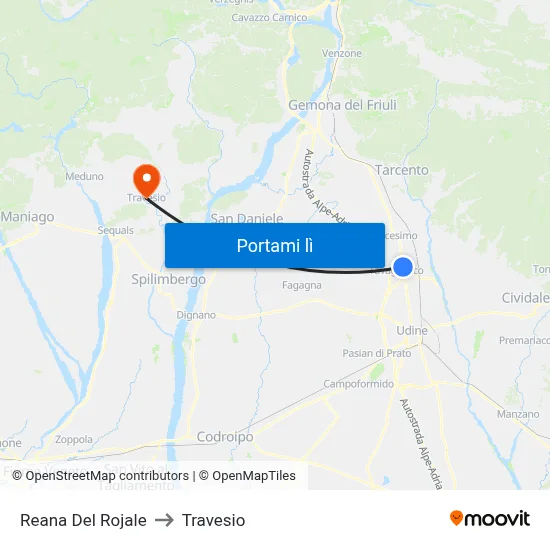 Reana Del Rojale to Travesio map